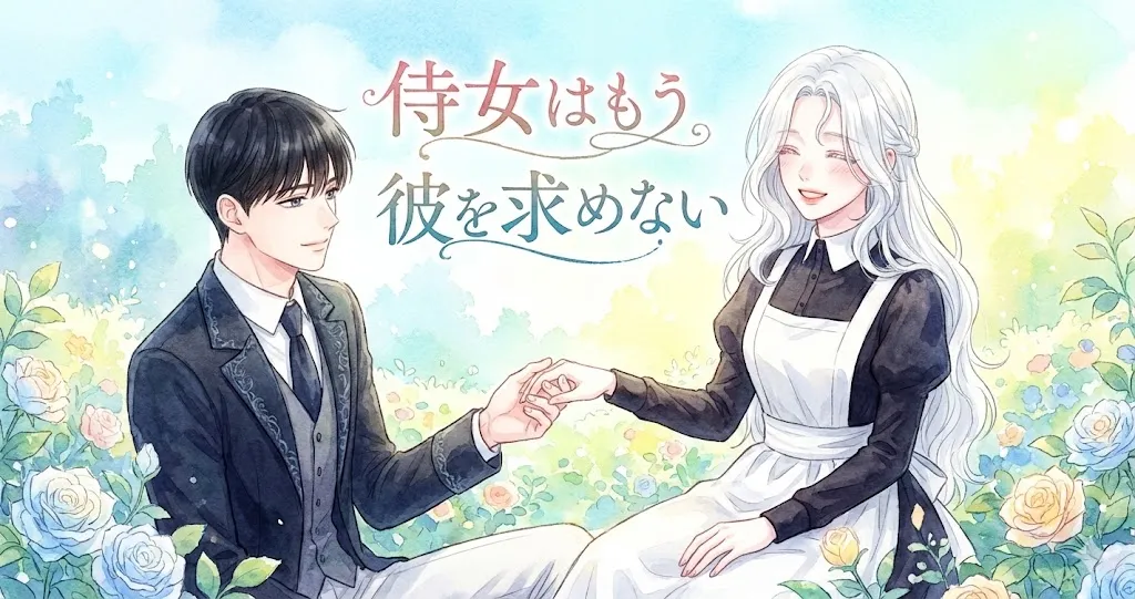明るく柔らかな水彩画タッチで描かれた、『侍女はもう彼を求めない』のアイキャッチ用横長イラスト。ウェーブがかった長い銀髪にモノトーンの侍女服を着た女性と、黒髪に紺色のスーツを纏った男性が、陽光が降り注ぐパステルカラーのバラ園で微笑み合いながら優しく手を取り合っています。中央には「侍女はもう彼を求めない」というタイトルが配置され、全体的に前向きで爽やかな、希望を感じさせる雰囲気のデザインです。