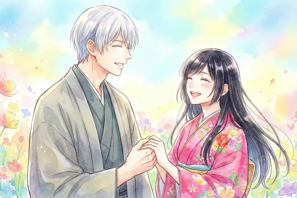 白髪の男性と黒髪の女性が、明るい水彩画タッチの花畑で幸せそうに手を取り合って笑っているアイキャッチイラスト。男性はグレーの着物、女性はピンクの花柄着物を着ており、パステルカラーの空と花々に囲まれ、全体的に優しく前向きな雰囲気。