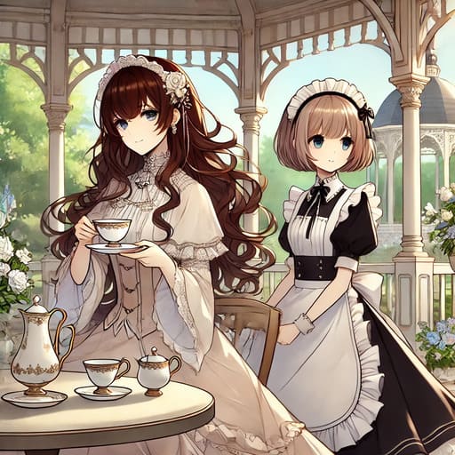 グレースが優雅にお茶を楽しみ、エミリーが控える構図