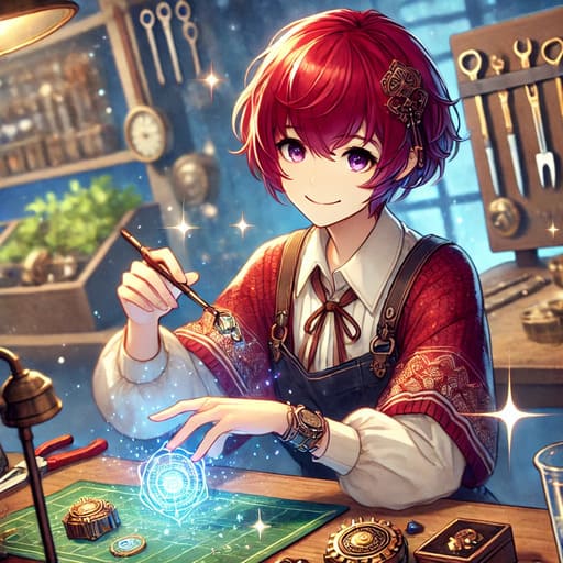 魔導具を作っているダリヤのアニメ調イラストです。 作業台や工具に囲まれた中で、魔導具づくりに集中しながらも穏やかな笑顔を浮かべる彼女の姿が、動きと温かみをもって描かれています。