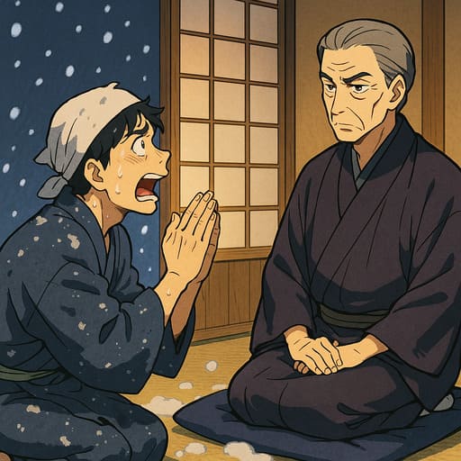 アニメ調で描かれた昭和の寄席舞台前。雪が降る夜、和服姿の若者（与太郎）が土下座し、厳しい表情の老落語家（八雲）が彼を見下ろす。