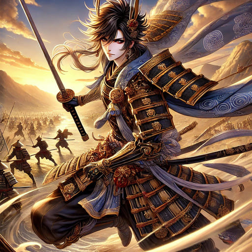 戦国武将が戦場で力強く構える、迫力あるアニメ調のビジュアル