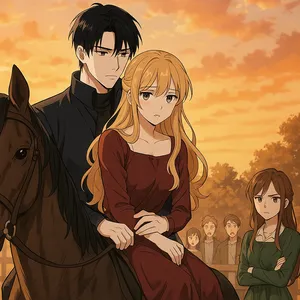 夕暮れの乗馬クラブ、イースケとルードベキアが一頭の馬に二人でまたがっている場面。イースケは無表情だが、どこか柔らかさを感じさせる視線をルードベキアに向けている。ルードベキアは少し戸惑いつつも、そっと背中を預ける姿。背景には驚きとざわめきを隠せない周囲の人々が描かれ、やや離れた場所にフレイヤが不満げな顔で二人を見つめている。穏やかな夕陽が全体を優しく照らし、空気には微妙な緊張と感情の揺らぎが漂う構図