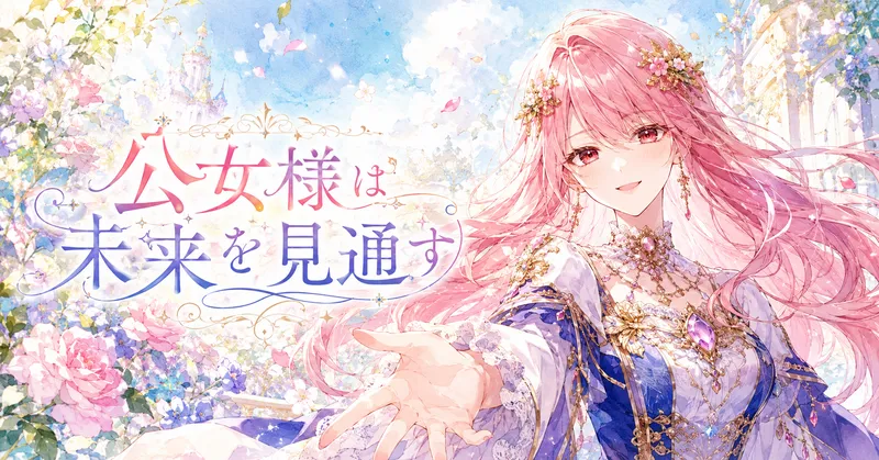 ピンク色の長い髪に花飾りをつけ、青と白の華やかなドレスをまとった公女カミーラが、明るい花園を背景に優しく微笑んでいる水彩風イラスト"
