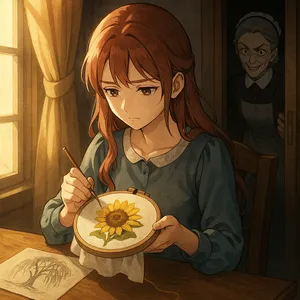 薄暗い部屋の中、ルードベキアが机に向かい、真剣な表情で向日葵の花を刺繍している場面。窓から柔らかな朝日が差し込み、彼女の周囲を静かに照らしている。机の端には“柳の木”の参考図が置かれているが、彼女は意図的にそれを避けている様子。背景には、わずかに開いたドアの隙間からメイド長が不気味な笑みを浮かべて覗いている。画面全体には静けさの中に緊張と決意が漂う構図