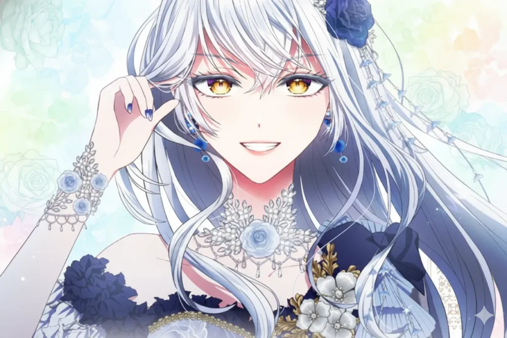 白銀の長い髪と琥珀色の瞳を持つ『皇女スヴェータの政略結婚』の主人公スヴェータが、優しく明るい笑顔を浮かべているイラスト。青と白の薔薇の装飾が施された豪華なドレスとアクセサリーを身に着け、水彩画のようなパステル調の明るい背景に描かれている。