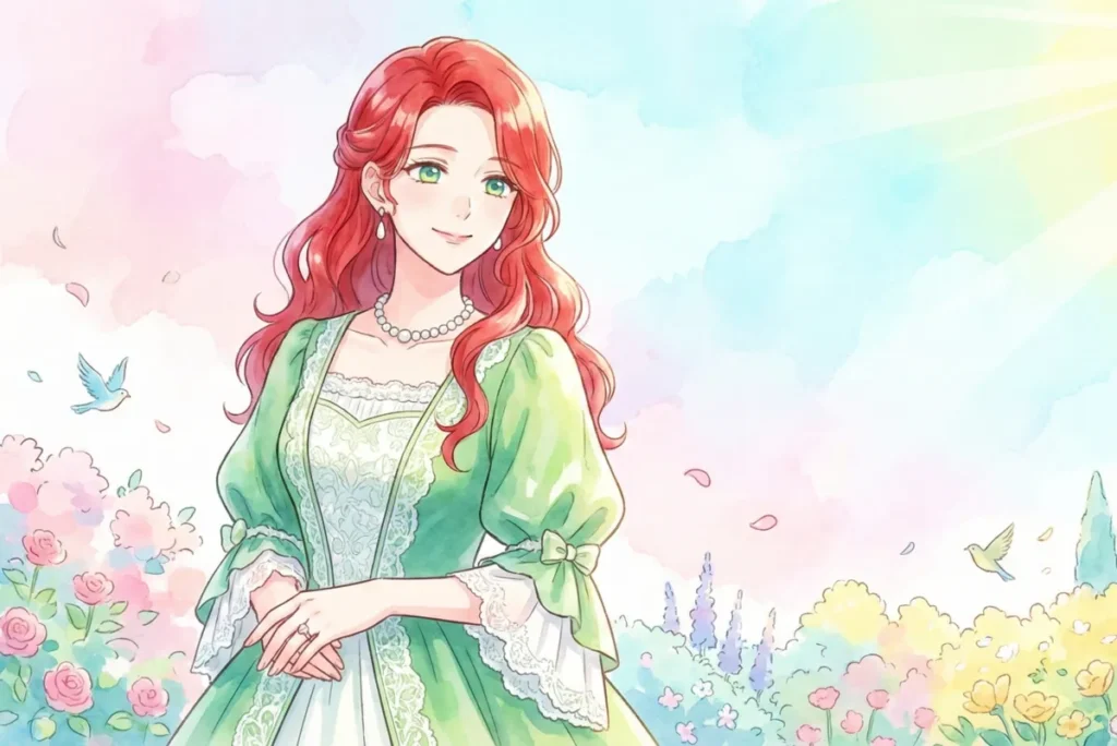 水彩画風のタッチで描かれた、横長（1.91:1）のアイキャッチイラスト。 鮮やかな赤いウェーブヘアと青い瞳を持つ女性キャラクターが、画面左側で優しく微笑んでいる。彼女はレースの装飾が施されたエレガントな緑色のドレスを身にまとい、気品ある佇まいを見せている。 背景はパステルカラーを基調とした花々が咲く明るい風景で、柔らかな光が差し込む爽やかで前向きな印象のデザイン。