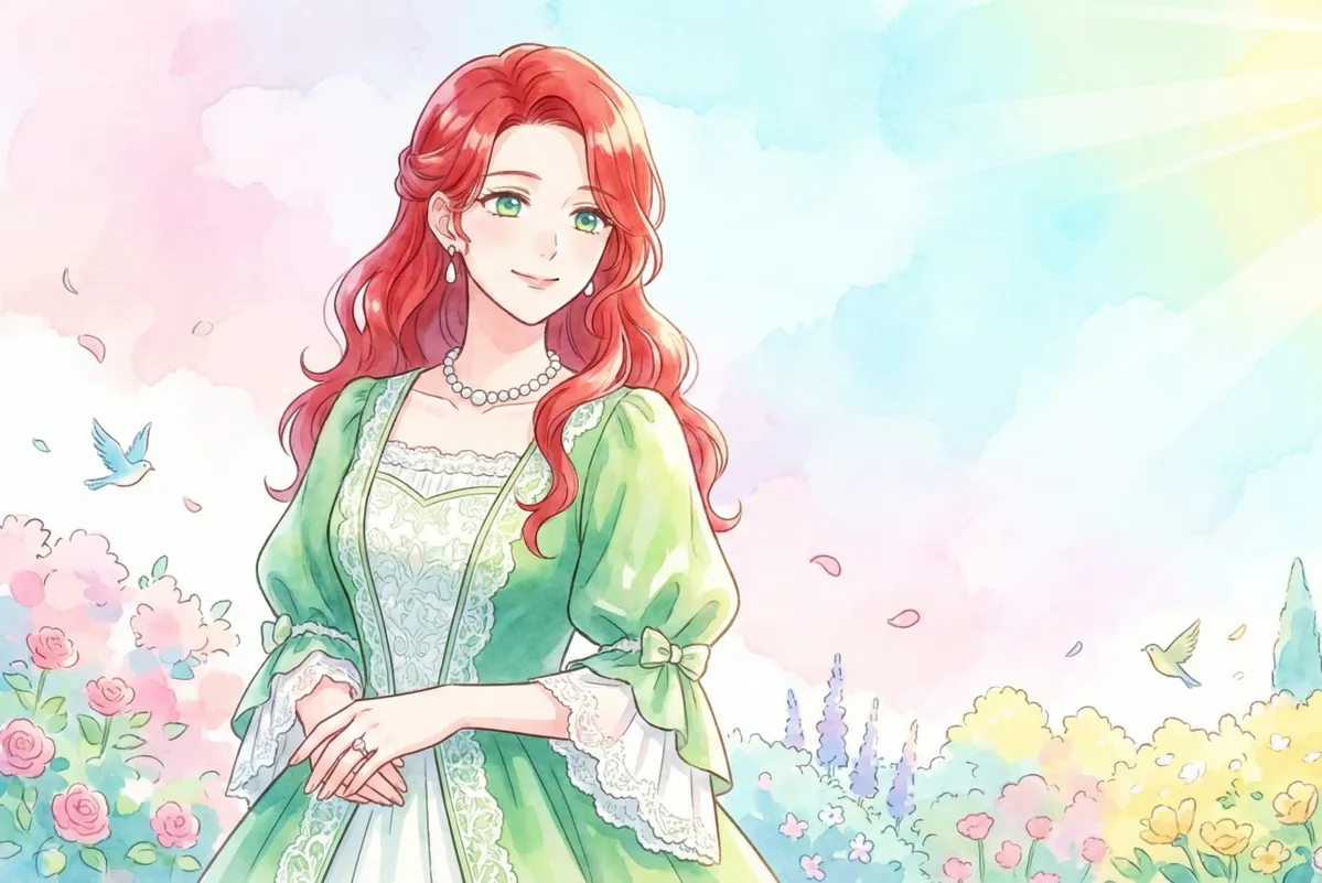 水彩画風のタッチで描かれた、横長(1.91:1)のアイキャッチイラスト。 鮮やかな赤いウェーブヘアと青い瞳を持つ女性キャラクターが、画面左側で優しく微笑んでいる。彼女はレースの装飾が施されたエレガントな緑色のドレスを身にまとい、気品ある佇まいを見せている。 背景はパステルカラーを基調とした花々が咲く明るい風景で、柔らかな光が差し込む爽やかで前向きな印象のデザイン。