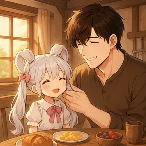 朝食のテーブルで「今日はどんな髪型にする?」と笑顔で尋ねるジェームスリリスのうさぎさんヘアに頬を緩ませ、溺愛するジェームス