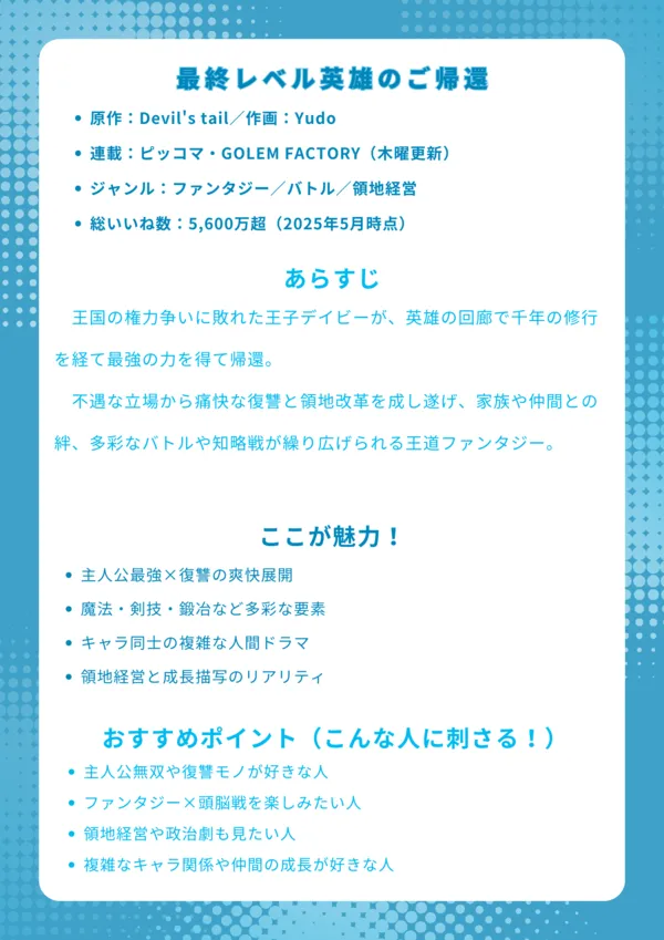 【作品データ】
原作:Devil's tail/作画:Yudo
連載:ピッコマ・GOLEM FACTORY(木曜更新)
ジャンル:ファンタジー/バトル/領地経営
総いいね数:5,600万超(2025年5月時点)
【ストーリー概要】
王国の権力争いに敗れた王子デイビーが、英雄の回廊で千年の修行を経て最強の力を得て帰還。不遇な立場から痛快な復讐と領地改革を成し遂げ、家族や仲間との絆、多彩なバトルや知略戦が繰り広げられる王道ファンタジー。
【ここが魅力!】
主人公最強×復讐の爽快展開
魔法・剣技・鍛冶など多彩な要素
キャラ同士の複雑な人間ドラマ
領地経営と成長描写のリアリティ
【おすすめポイント(こんな人に刺さる!)】
主人公無双や復讐モノが好きな人
ファンタジー×頭脳戦を楽しみたい人
領地経営や政治劇も見たい人
複雑なキャラ関係や仲間の成長が好きな人