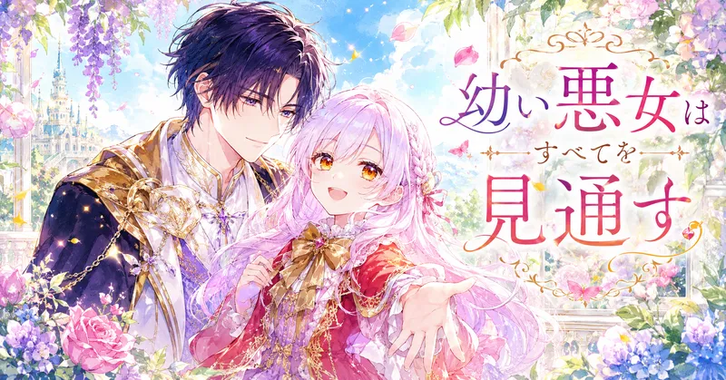 『幼い悪女はすべてを見通す』のアイキャッチ。淡いピンク髪の幼いヒロインと黒髪の青年が、花に囲まれた明るい庭園で優しく微笑む水彩画風イラスト。