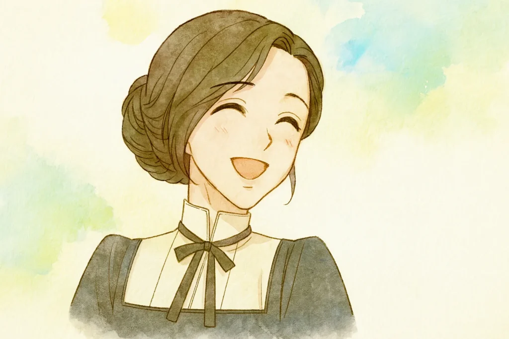宮廷メイド姿のアスが、やさしく明るい笑顔を見せているイラスト。髪は低い位置でまとめたシニヨンで、黒いリボンの付いたクラシカルなメイド服を着用。背景はパステル調の水彩タッチで、全体が爽やかで前向きな雰囲気に包まれている。