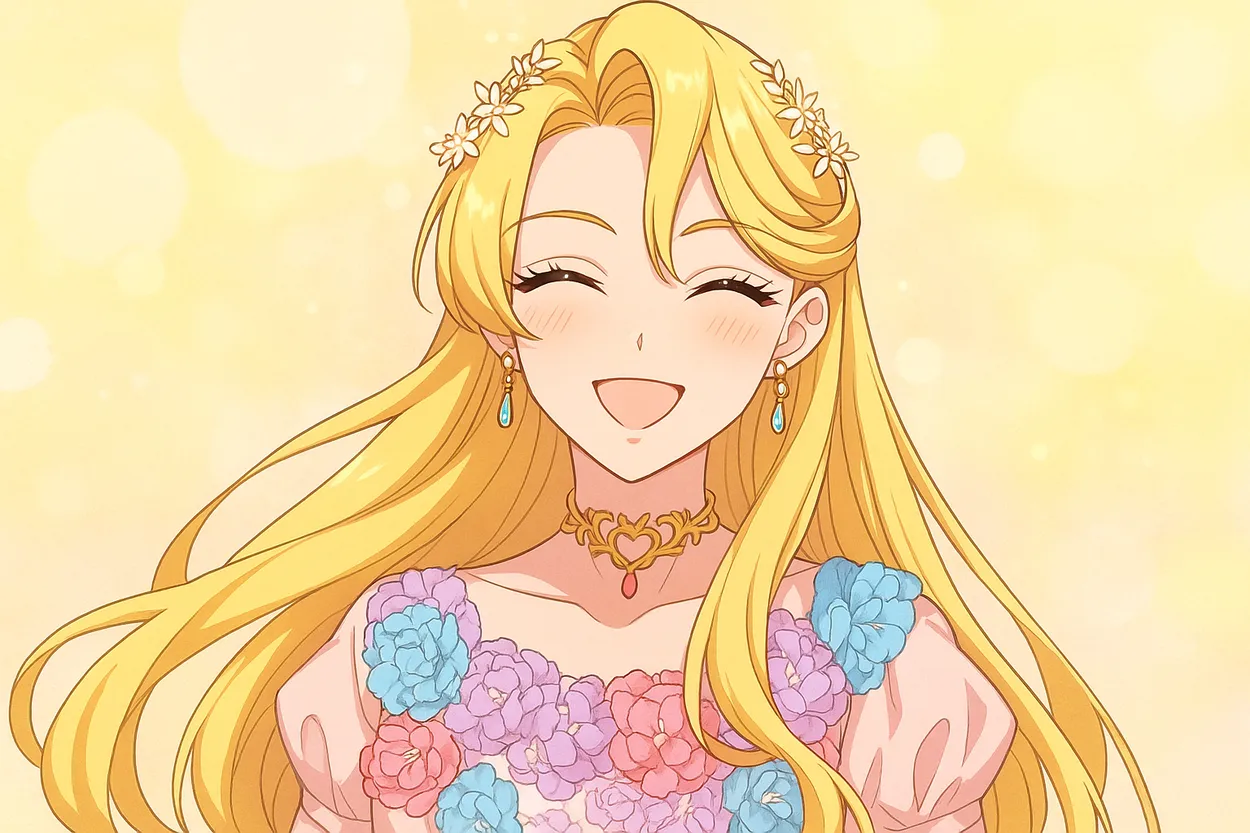 明るい色調の背景に、ロングヘアの金髪女性キャラクターが描かれている。彼女は美しい青い瞳と優しい笑顔が印象的で、花の髪飾りとカラフルなフラワーモチーフのドレスを身にまとっている。全体的に華やかで明るい雰囲気のアイキャッチイラスト。
