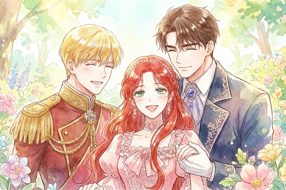 水彩画風の手書きタッチで描かれた横長のイラスト。中央には、鮮やかな赤いウェーブヘアと緑の瞳を持つ女性が、淡いピンクのドレスをまとい、幸せそうな明るい笑顔を浮かべている。彼女の右側には黒髪で青い衣装の男性が、左側には金髪で赤い軍服風の衣装を着た男性がおり、二人とも優しく穏やかな表情で彼女に寄り添っている。背景はパステルカラーの花々や柔らかな光に包まれた明るい庭園のような風景で、全体的に爽やかで温かい、前向きな雰囲気が表現されている。