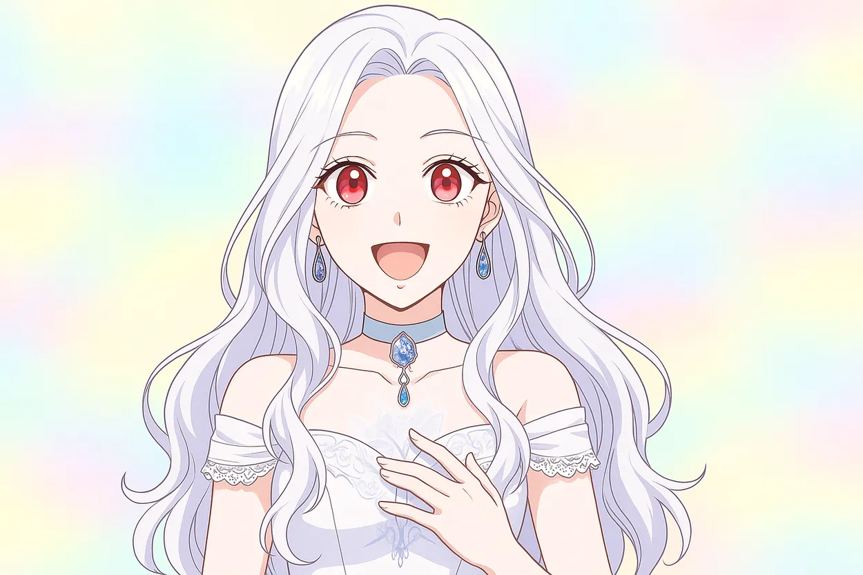 銀髪の美しい少女が明るいパステル調の背景でやさしく笑顔を見せているアニメ風イラスト。白いドレスにブルーの宝石アクセサリーが映える、爽やかで幸せな雰囲気の横長アイキャッチ画像です