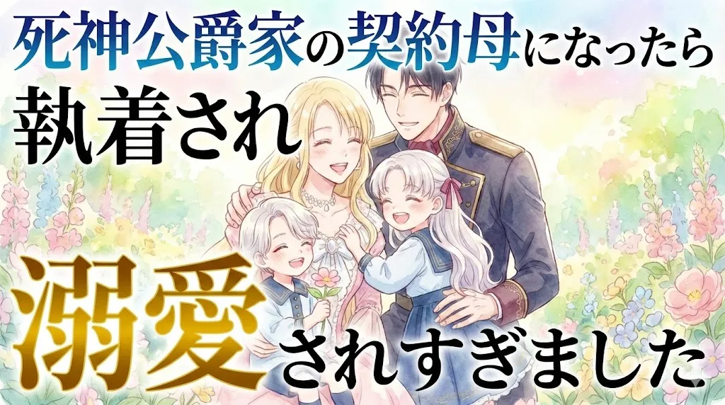 水彩画風の明るいファンタジー庭園を背景に、笑顔で抱き合う4人家族（金髪の母、黒髪の父、銀髪の二人の子供）のイラストが中央にあるアイキャッチ画像。上部には青いグラデーションの文字で「死神公爵家の契約母になったら」、その左下に黒い文字で「執着され」、下部には大きく金色の文字で強調された「溺愛」と、それに続く黒い文字で「されすぎました」と配置されている。