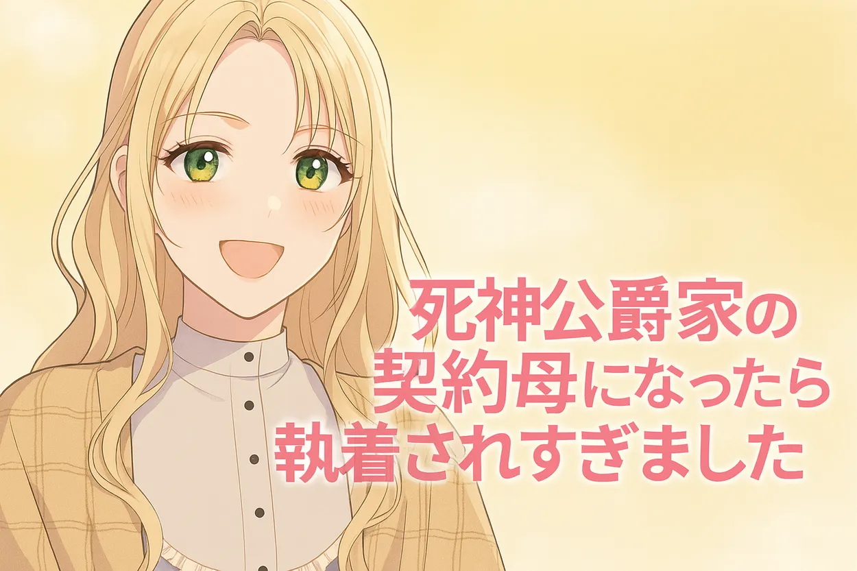 金髪で緑色の瞳を持つ優しげな女性キャラクター（アメリ）が明るい笑顔を見せている。背景は淡い黄色で柔らかい雰囲気。画像の右側に「死神公爵家の契約母になったら執着されすぎました」というタイトルテキストが大きく表示されている。
