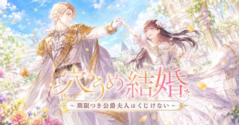 『穴うめ結婚～期限つき公爵夫人はくじけない～』のアイキャッチ。花咲く宮殿の庭園で、金髪の公爵と黒髪の令嬢が手を取り合って踊る水彩風イラスト