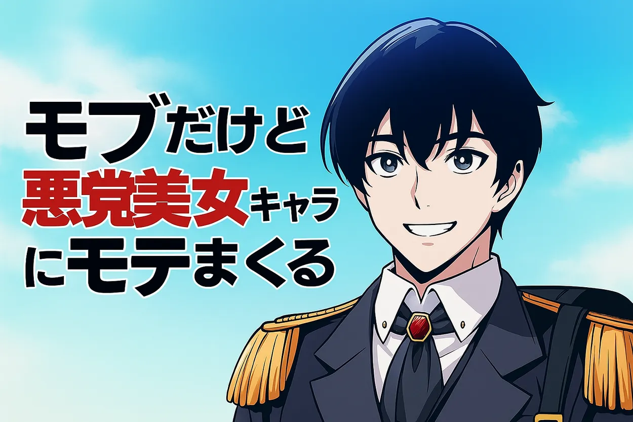 アニメ調で描かれた黒髪の青年が晴れた空の下で笑顔を見せている。制服風の衣装と明るい色合いの背景が爽やかな雰囲気を演出している。テキスト「モブだけど悪党美女キャラにモテまくる」が画面に大きく表示されている。