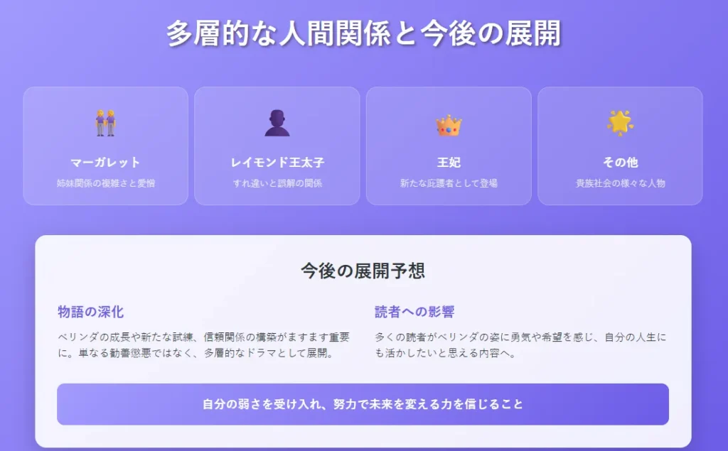 勤勉な悪女は今世でやり返す|図解5 人間関係と今後の展開 - 複雑な人間関係を整理し、物語の今後の展開予想と読者への影響をまとめて表現