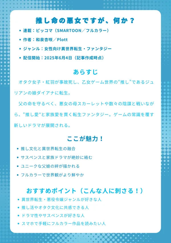 推し命の悪女ですが、何か?|ナレッジカード
基本情報
連載:ピッコマ(SMARTOON/フルカラー)
作者:和泉杏咲/Plott
ジャンル:女性向け異世界転生・ファンタジー
配信開始:2025年6月4日(記事作成時点)
あらすじ
オタク女子・紅羽が事故死し、乙女ゲーム世界の“推し”であるジュリアンの娘ダイアナに転生。父の命を守るべく、悪女の母スカーレットや数々の陰謀と戦いながら、“推し愛”と家族愛を貫く転生ファンタジー。ゲームの常識を覆す新しいドラマが展開される。
ここが魅力!
推し文化と異世界転生の融合
サスペンスと家族ドラマが絶妙に絡む
ユニークな父娘の絆が描かれる
フルカラーで世界観がより鮮やか
おすすめポイント(こんな人に刺さる!)
異世界転生・悪役令嬢ジャンルが好きな人
推し活やオタク文化に共感できる人
ドラマ性やサスペンスが好きな人
スマホで手軽にフルカラー作品を読みたい人