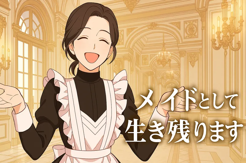メイド服を着た笑顔の女性主人公アスが、宮廷を背景に両手を広げている。画像には『メイドとして生き残ります』というテキストが入っている、横長のアイキャッチイラスト。