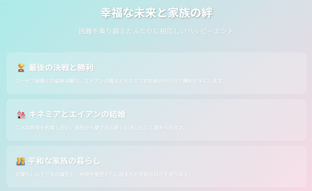 ヨーゼフ侯爵との最終決戦に勝利したキネミアとエイアンが、結婚して領民に愛される新しい大公となり、可愛い子どもと仲間たちに囲まれて平和な家族の暮らしを送る、困難を乗り越えた二人にふさわしいハッピーエンドが描かれている。