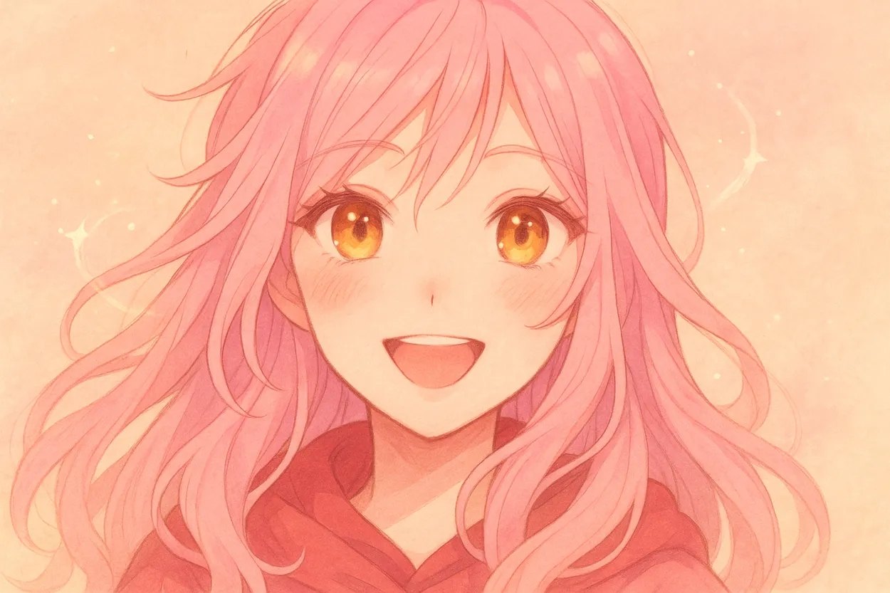 淡いピンク色の長い髪と大きな金色の瞳が特徴的な少女キャラクター（ヘイリー）が、明るく優しい表情で微笑んでいる。背景はやわらかなパステルピンク調の光に包まれている。