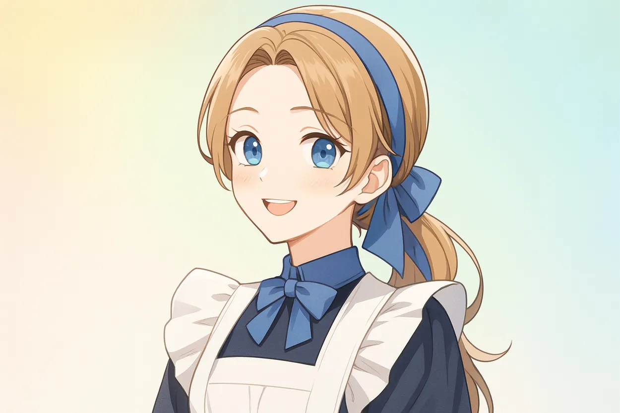 『帝国の侍女』主人公レオナのイメージイラスト。明るい茶色の髪をゆるくまとめ、青いリボンを結んだ優しい笑顔の女性。ネイビーのワンピースに白いエプロン、パステル調の明るい背景が爽やかで前向きな印象。