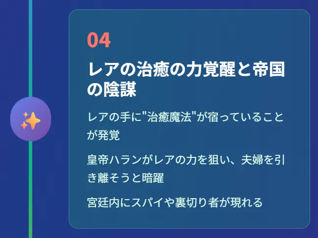 4. レアの治癒の力覚醒と帝国の陰謀
レアの手に“治癒魔法”が宿っていることが発覚
皇帝ハランがレアの力を狙い、夫婦を引き離そうと暗躍
宮廷内にスパイや裏切り者が現れる