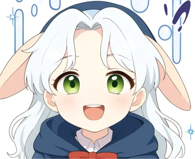 白髪と緑色の大きな瞳が印象的な少女クロエが、うさぎ耳をつけて明るい笑顔を見せているイラスト。青いマントとチェック柄のドレスを着用。背景は爽やかなブルートーン。