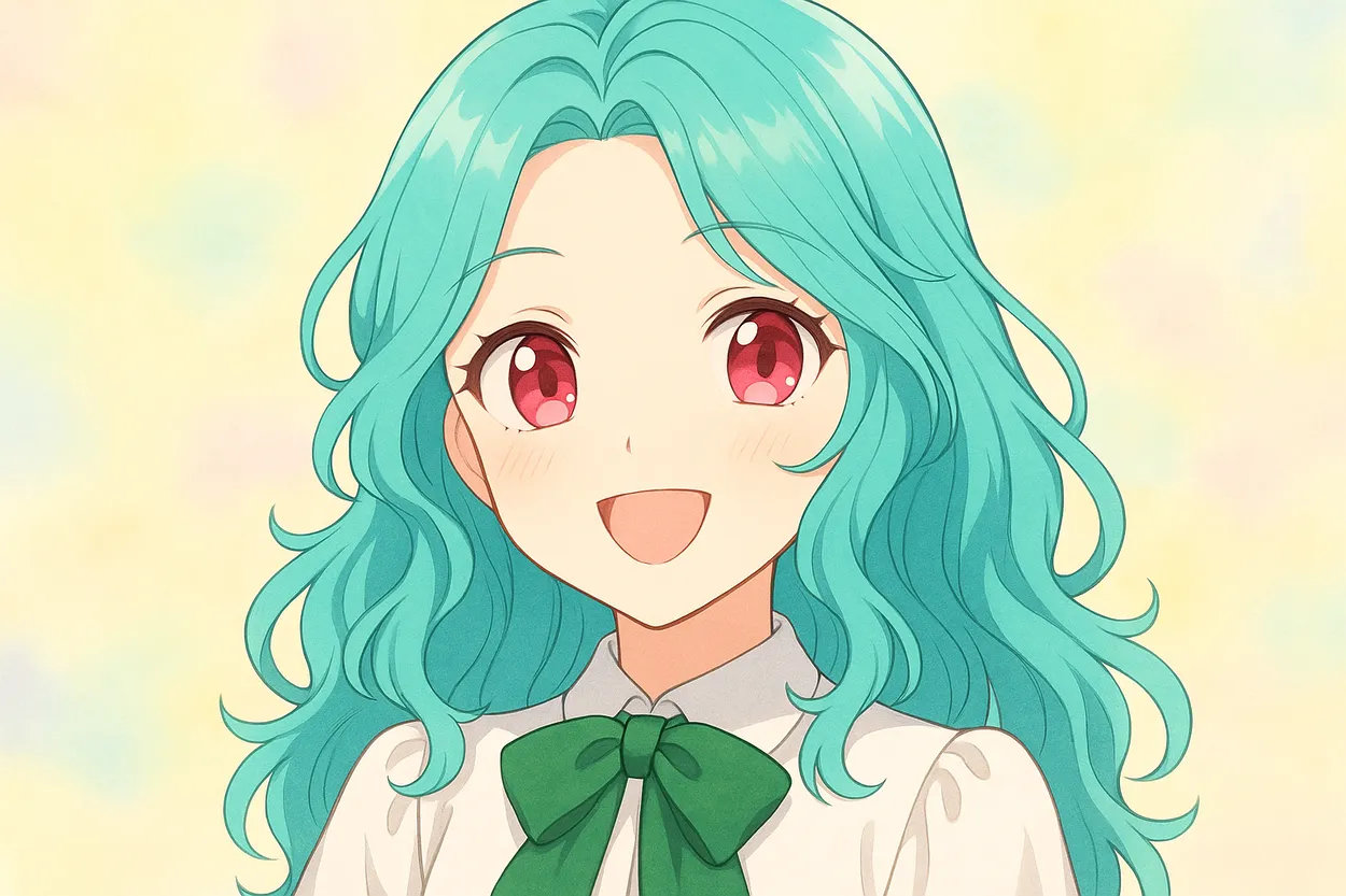 『お嬢様はロイヤル・シェフ』主人公セニアナのアイキャッチイラスト。エメラルドグリーンの髪と赤い瞳、白いブラウスにグリーンのリボンを着用し、明るくやさしい笑顔。背景はパステル調の淡い色合いで、爽やかかつ前向きな印象。
