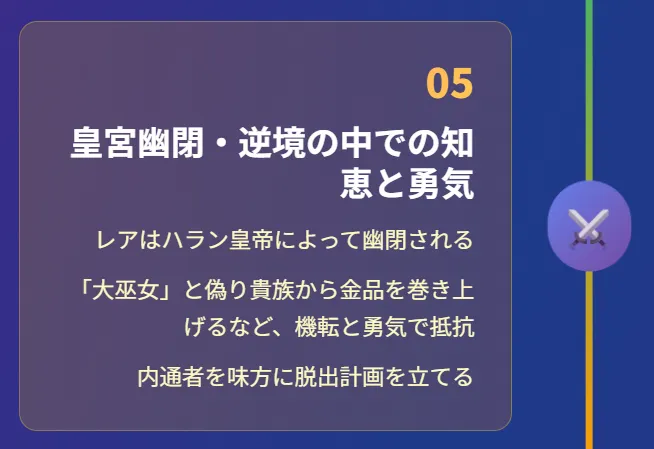 5. 皇宮幽閉・逆境の中での知恵と勇気
レアはハラン皇帝によって幽閉される
「大巫女」と偽り貴族から金品を巻き上げるなど、機転と勇気で抵抗
内通者を味方に脱出計画を立てる