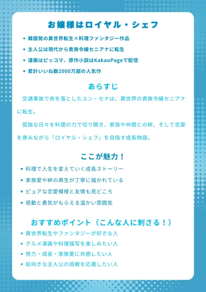 【ナレッジカード】
タイトル
お嬢様はロイヤル・シェフ
基本情報
・韓国発の異世界転生×料理ファンタジー作品
・主人公は現代から貴族令嬢セニアナに転生
・漫画はピッコマ、原作小説はKakaoPageで配信
・累計いいね数2000万超の人気作
あらすじ
交通事故で命を落としたユン・セナは、異世界の貴族令嬢セニアナに転生。孤独な日々を料理の力で切り開き、家族や仲間との絆、そして恋愛を育みながら「ロイヤル・シェフ」を目指す成長物語。
ここが魅力!
・料理で人生を変えていく成長ストーリー
・家族愛や絆の再生が丁寧に描かれている
・ピュアな恋愛模様と友情も見どころ
・感動と勇気がもらえる温かい雰囲気
おすすめポイント(こんな人に刺さる!)
・異世界転生やファンタジーが好きな人
・グルメ漫画や料理描写を楽しみたい人
・努力・成長・家族愛に共感したい人
・前向きな主人公の挑戦を応援したい人