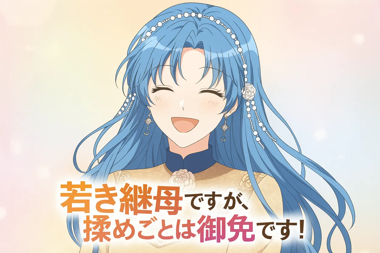 爽やかなパステル調の背景に、長い青髪とパールの髪飾りが印象的な「ヴィルヘルミナ」が満面の笑顔で描かれている。ドレスはゴールドのレース風で、柔らかな雰囲気と前向きさを感じる。下部には「若き継母ですが、揉めごとは御免です！」という明るいタイトル文字入り。