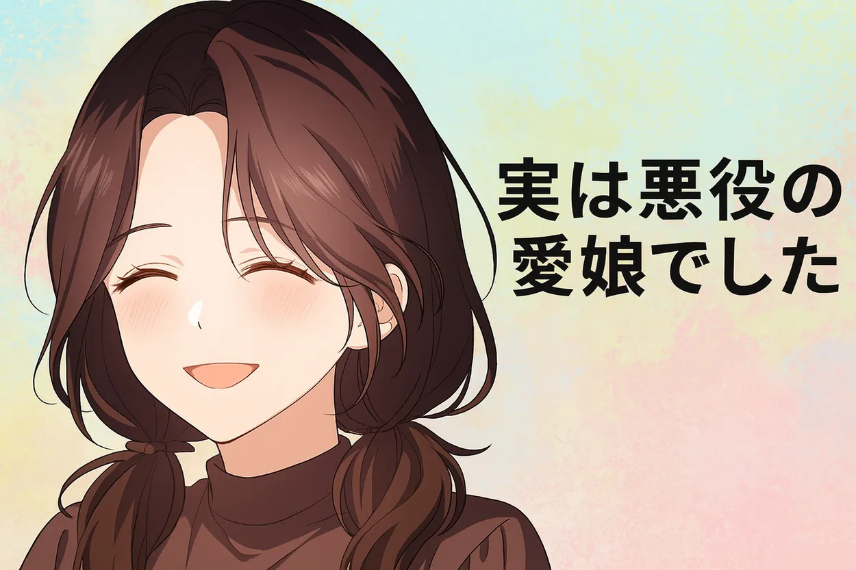 茶色の髪を二つに結んだ少女が、優しく明るい笑顔を浮かべているアイキャッチイラスト。背景は淡いパステルカラーで爽やか。右側に「実は悪役の愛娘でした」のタイトル入り。主人公エリタの朗らかで前向きな雰囲気が伝わる。