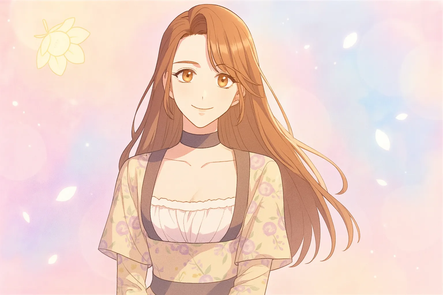 パステル調の明るい背景に、長い茶髪で花柄ドレス姿のシャランが優しく微笑む横長イラスト。柔らかな光や花びらが舞い、暖かい雰囲気が広がっている。