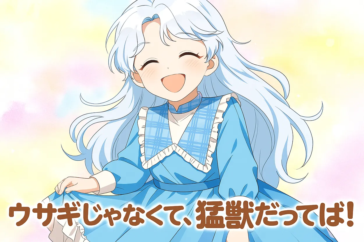 明るいパステルカラーの背景に、青いワンピースを着たクロイがにっこりと笑顔を見せているアイキャッチイラストです。長い白髪と緑色の大きな瞳が特徴で、やさしく元気な雰囲気。下部には「ウサギじゃなくて、猛獣だってば！」というテキストが入っています。