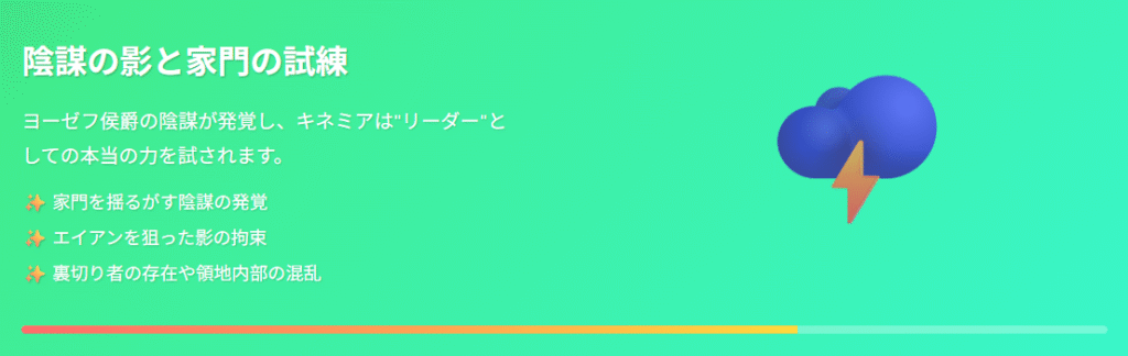 ヨーゼフ侯爵による家門を揺るがす陰謀が明らかになり、キネミアがリーダーとしての力を問われる場面。エイアンが影の拘束に苦しみ、裏切り者や領地内部の混乱にも直面しながら、困難に立ち向かう様子が描かれている。