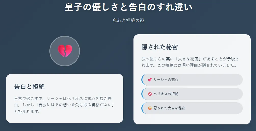 皇子の優しさと告白のすれ違い
王宮で過ごす中、リーシャはヘリオスに恋心を抱き告白。
しかし「自分にはその想いを受け取る資格がない」と拒まれる。
彼の優しさの裏に「大きな秘密」があることが示唆される。