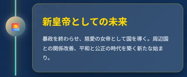 新皇帝としての未来
暴政を終わらせ、慈愛の女帝として国を導く
周辺国との関係改善、平和と公正の時代を築く