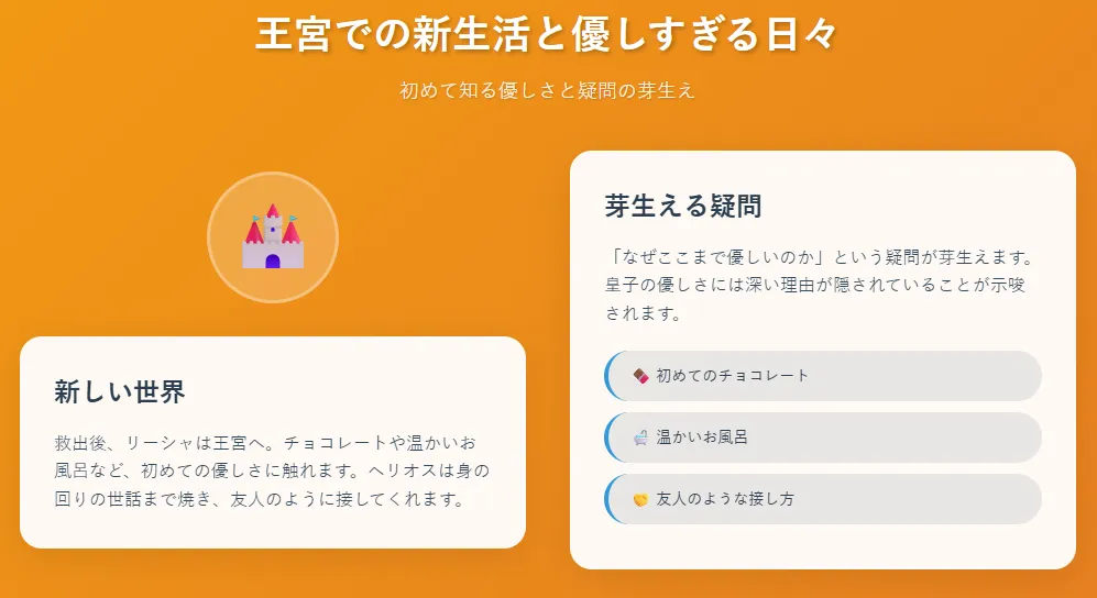 王宮での新生活と優しすぎる日々
救出後、リーシャは王宮へ。チョコレートや温かいお風呂など、初めての優しさに触れる。
ヘリオスは身の回りの世話まで焼き、友人のように接してくれる。
「なぜここまで優しいのか」という疑問が芽生える。