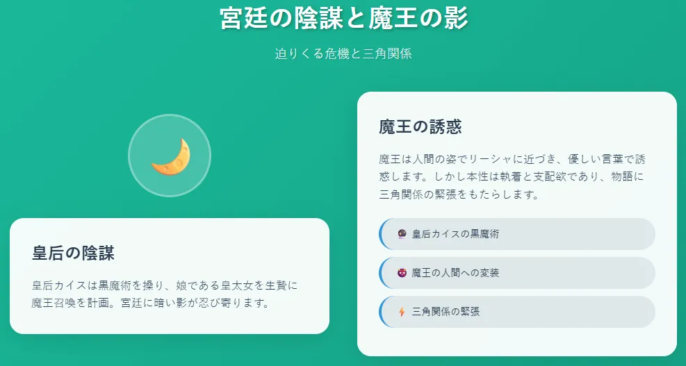 宮廷の陰謀と魔王の影
皇后カイスは黒魔術を操り、娘である皇太女を生贄に魔王召喚を計画。
魔王は人間の姿でリーシャに近づき、優しい言葉で誘惑する。
しかし本性は執着と支配欲であり、物語に三角関係の緊張をもたらす。