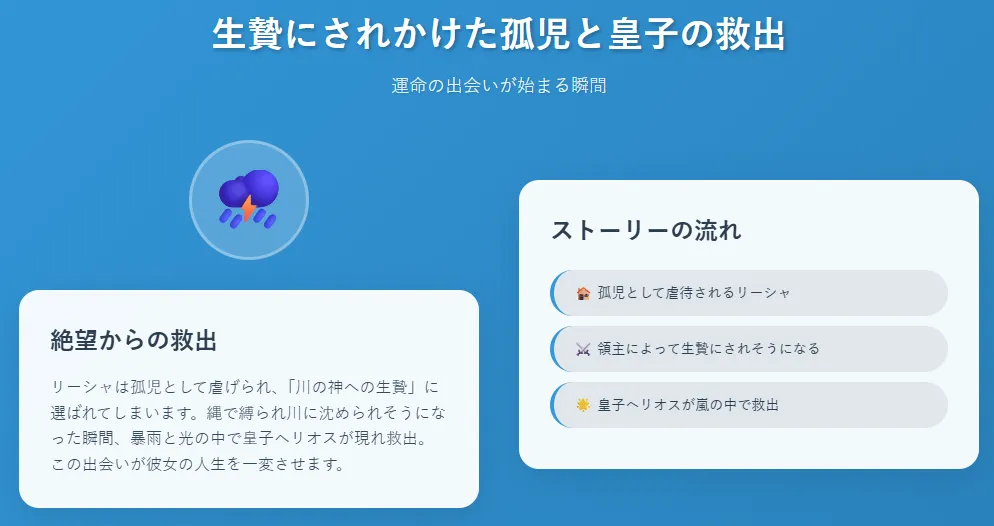 生贄にされかけた孤児と皇子の救出
リーシャは孤児として虐げられ、「川の神への生贄」に選ばれてしまう。
縄で縛られ川に沈められそうになった瞬間、暴雨と光の中で皇子ヘリオスが現れ救出。
この出会いが彼女の人生を一変させる。
整理すると
孤児として虐待されるリーシャ
領主によって生贄にされそうになる
皇子ヘリオスが嵐の中で救出