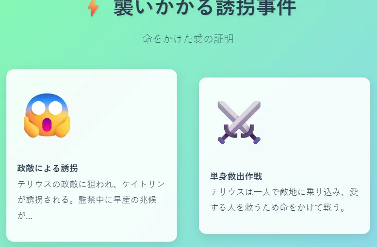 襲いかかる誘拐事件
テリウスの政敵に狙われ誘拐される
監禁中に早産の兆候が出る
テリウスが単身で救出に向かい激闘