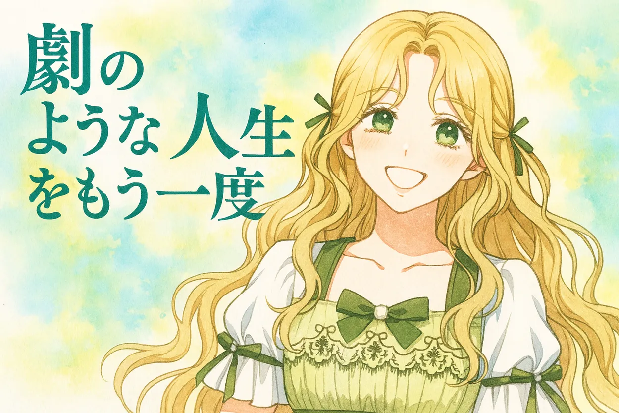明るい金髪に緑のリボンをあしらった長い巻き髪の少女が、淡いパステル調の背景の中、優しく明るい笑顔でこちらを見ている。フリルとリボンが特徴的な緑色のドレスを着用し、爽やかで前向きな雰囲気を醸し出している。左側には大きく「劇のような人生をもう一度」という手書き風のタイトル文字が配置されている。