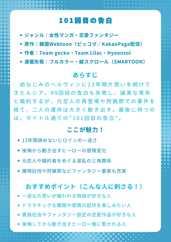 タイトル
101回目の告白｜ネタバレ解説

基本情報

ジャンル：女性マンガ・恋愛ファンタジー

原作：韓国Webtoon（ピッコマ／KakaoPage配信）

作者：Team gecko・Team Lilac・Hyeonsol

連載形態：フルカラー・縦スクロール（SMARTOON）

あらすじ
幼なじみのヘルウィンに13年間片思いを続けてきたルシア。99回目の告白も失敗し、誠実な青年と婚約するが、元恋人の再登場や狩猟祭での事件を経て、二人の運命は大きく動き出す。最後に待つのは、タイトル通りの“101回目の告白”。

ここが魅力！

13年間諦めないヒロインの一途さ

後悔から動き出すヒーローの感情変化

元恋人や婚約者をめぐる波乱の三角関係

魔物討伐や狩猟祭などファンタジー要素も充実

おすすめポイント（こんな人に刺さる！）

一途な片思いが報われる物語が好きな人

ドラマチックな展開や感情の起伏を楽しみたい人

貴族社会やファンタジー設定の恋愛作品が好きな人

後悔してから動き出すヒーロー像に惹かれる人