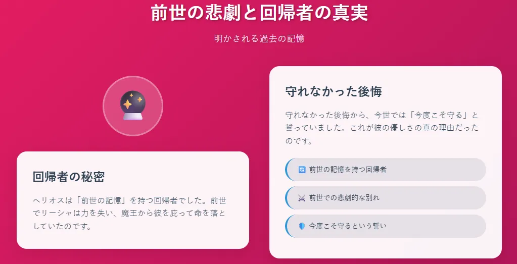 前世の悲劇と回帰者の真実
ヘリオスは「前世の記憶」を持つ回帰者だった。
前世でリーシャは力を失い、魔王から彼を庇って命を落とした。
守れなかった後悔から、今世では「今度こそ守る」と誓っていた。