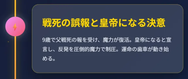 戦死の誤報と皇帝になる決意 9歳で父戦死の報を受け、魔力が復活 皇帝になると宣言し、反発を圧倒的魔力で制す