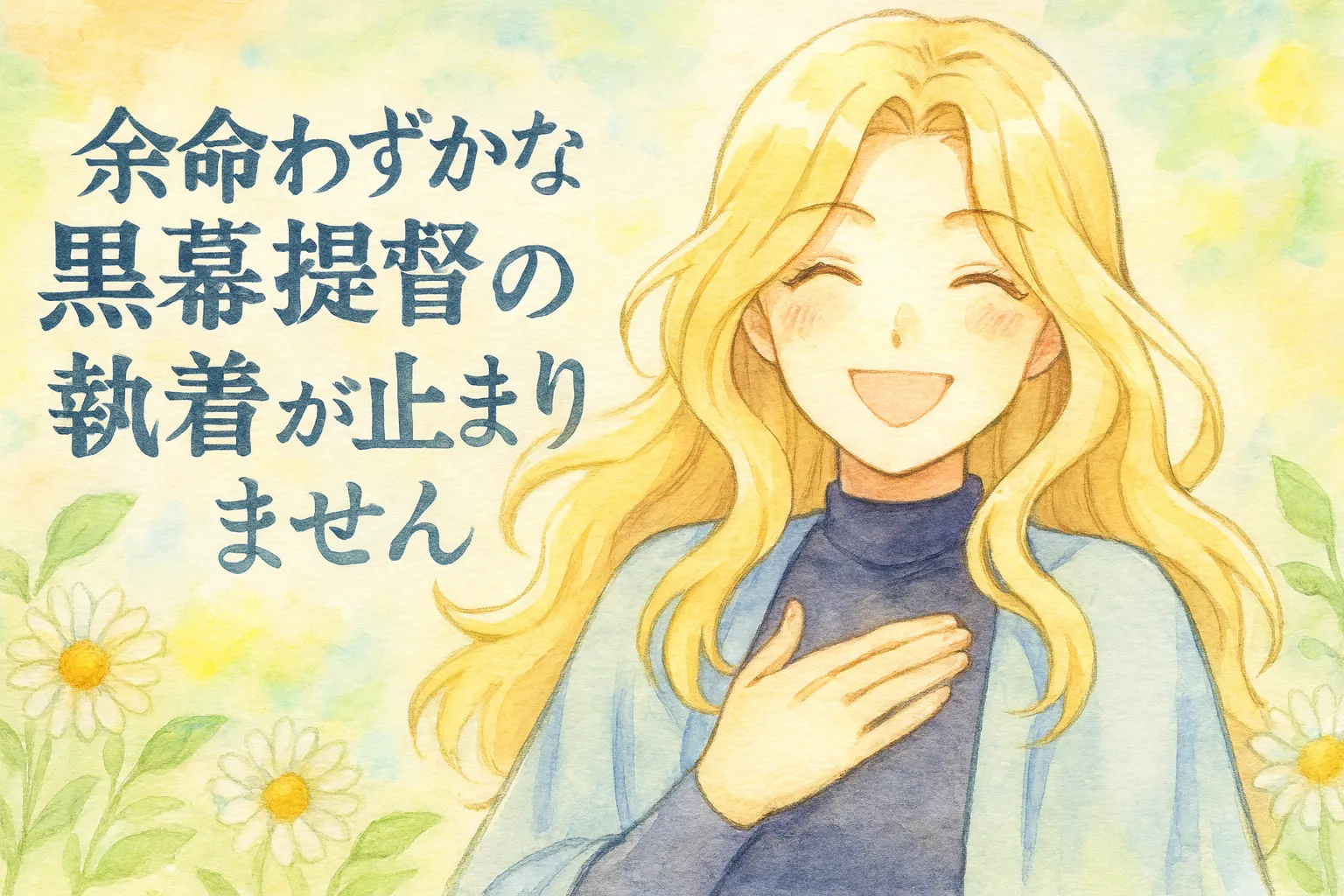 長い金髪と青い瞳を持つ女性キャラクター「セラ・カルディ」が、優しく明るい笑顔を浮かべている。黒いタートルネックに淡い水色のマントを羽織り、胸に手を当てた姿。背景はパステル調の柔らかな色合いで、白い花や緑が描かれ、爽やかで前向きな印象を与える。左側には作品タイトル「余命わずかな黒幕提督の執着が止まりません」の文字が配置されている。